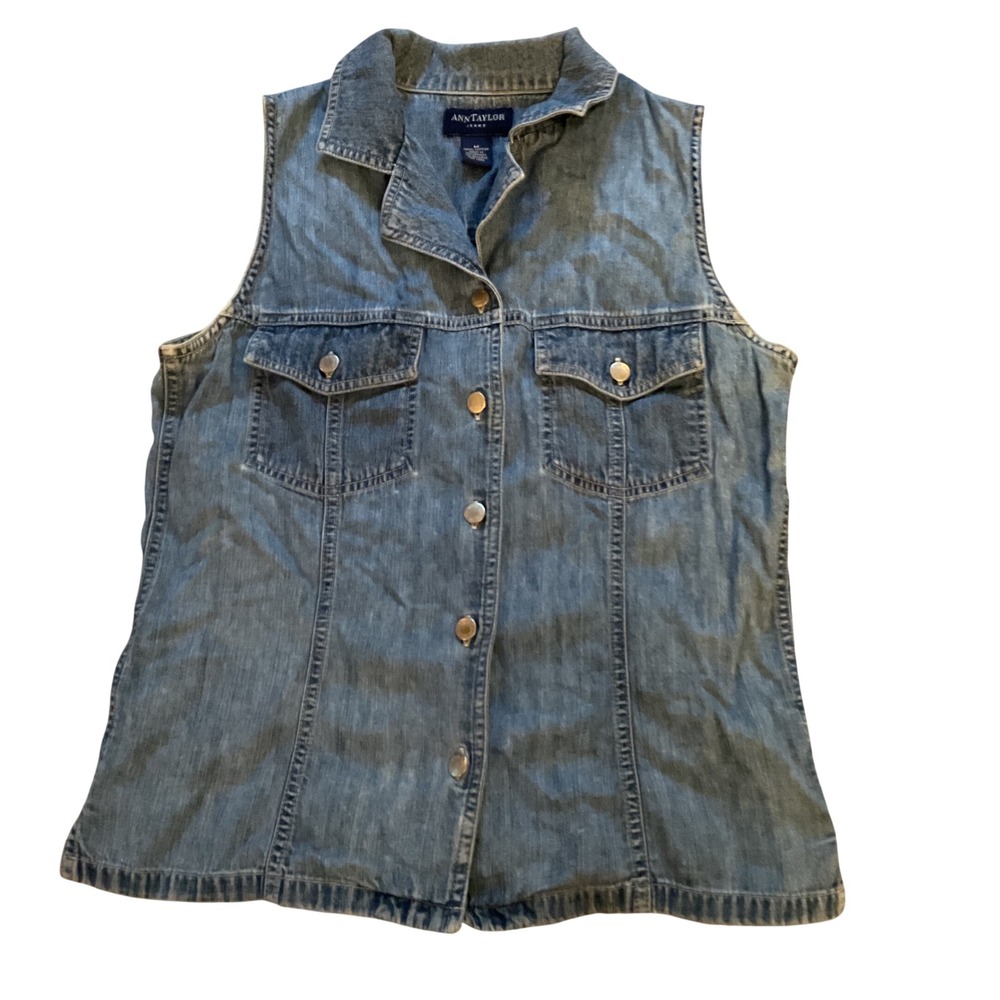 Ann Taylor Jeans Womens Medium Wash Denim Sleeveless Button Up Vest Top Size M